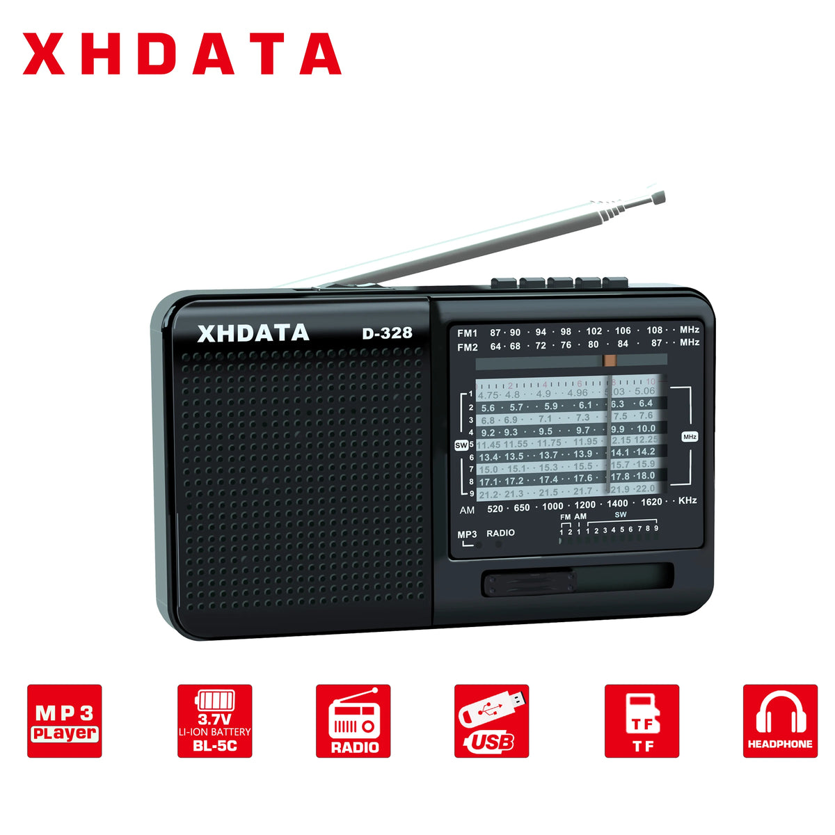 XHDATA D-328 Portable Radio Bluetooth AM/FM/SW MP3 Player TF Card