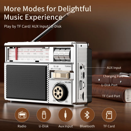Long-lasting Battery Wireless Retro All-Band Radio with Multi-Mode Charging
