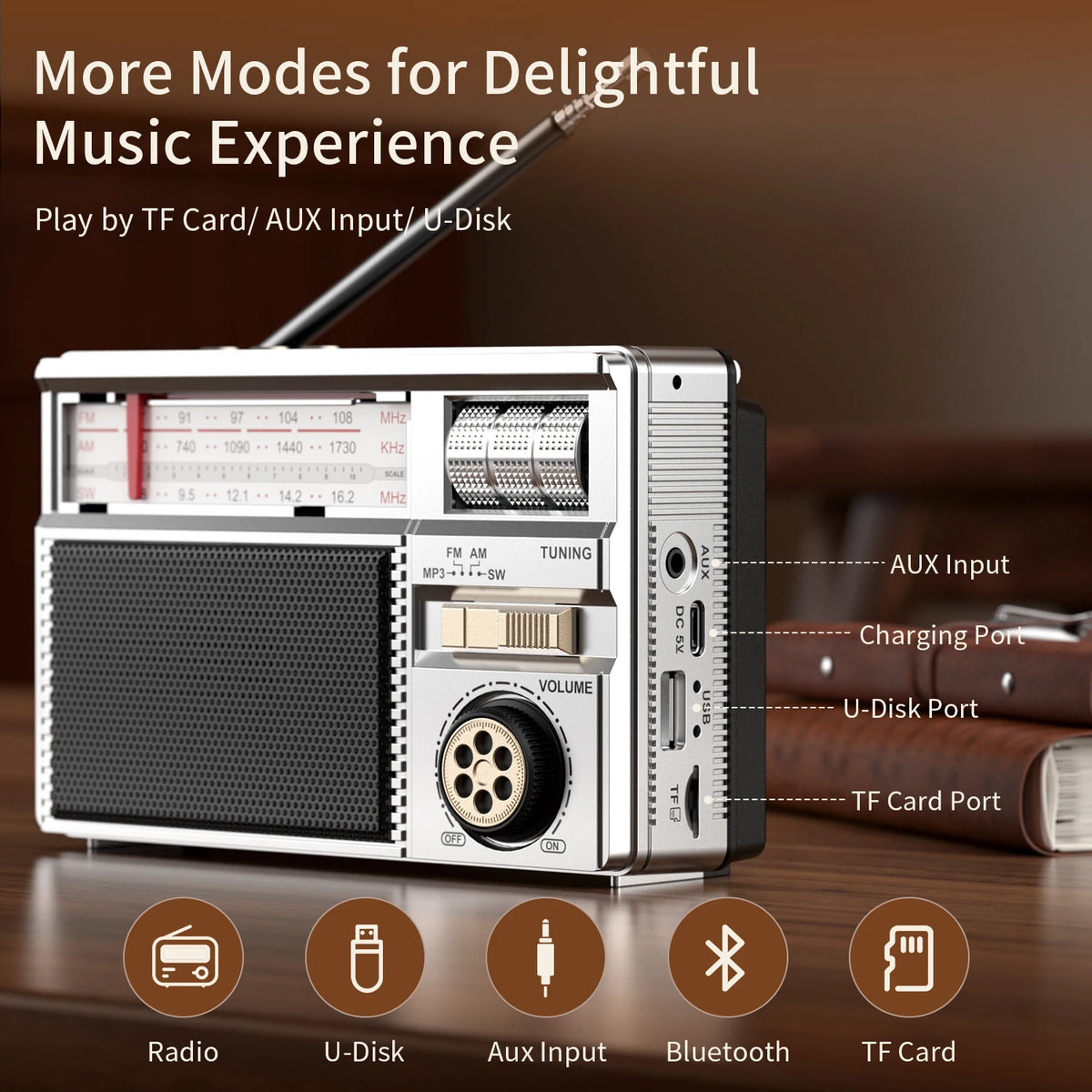 Long-lasting Battery Wireless Radio with Solar Charging & Multiple Play Modes