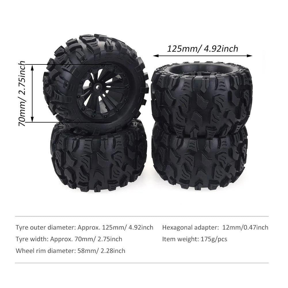 4PCS Rubber Tire Wheel 125MM 12mm for 1/10 RC Monster Truck Wheels
