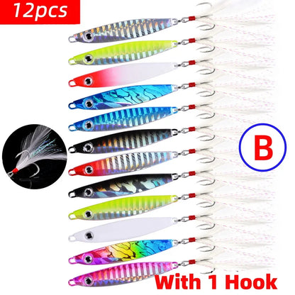 12pcs Pencil Bait Metal Casting Fixture 7/12/ 22/ 30/40/60g Shore Throwing Sea Bass Bait Sinking Artificial Bait Fishing Tackle