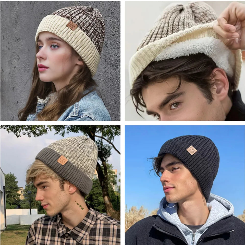 Unisex Two-tone Winter Hats Fur Lined Warm Beanie Cap for Men Women