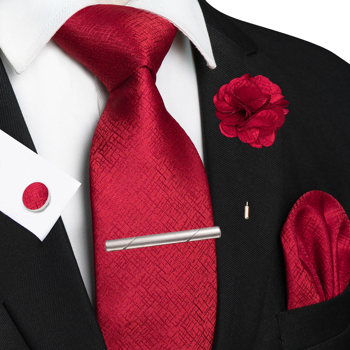 Men's Plaid Tie Clip Set with Pocket Square Cufflinks Wedding Accessories