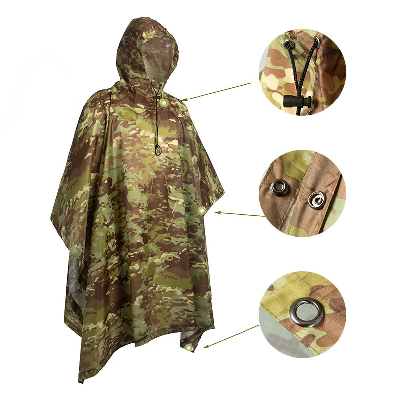 Men's Military Camo Waterproof Raincoat, Impermeable Zipper Rain Poncho for Motorcycle