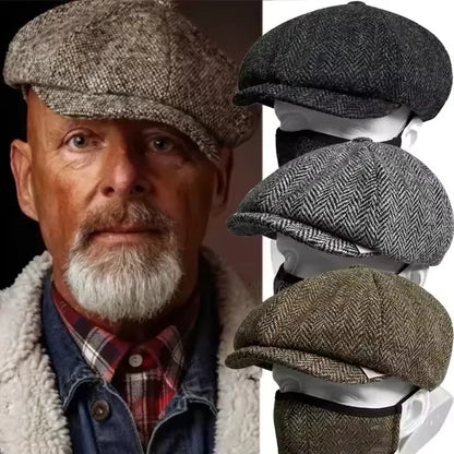 Tweed Peaky Blinders Hat Adjustable Newsboy Cap Herringbone Wool Flat