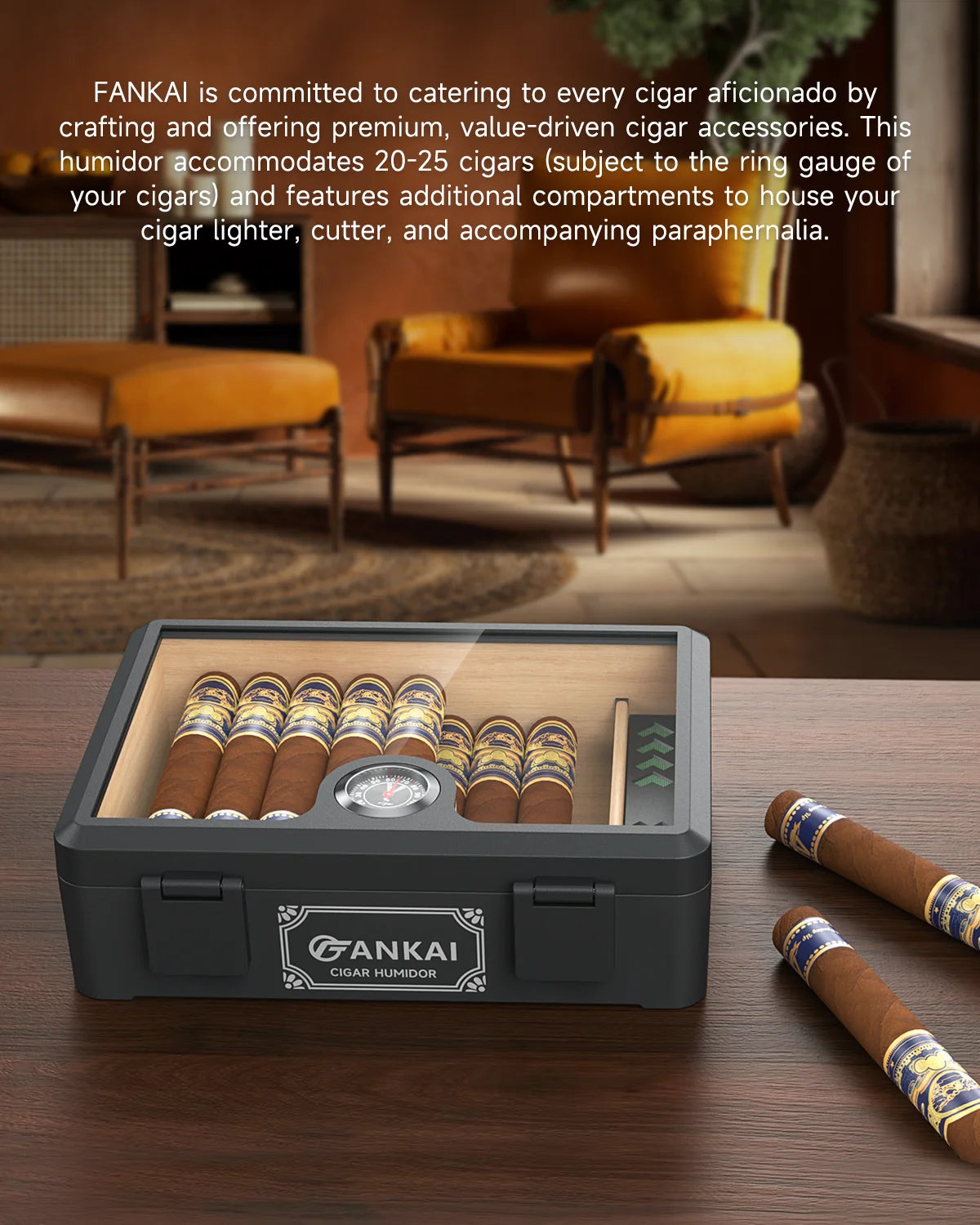 Cigar Box Humidor Cedar Wood Glass Top Desktop Case with Hygrometer for 20-25
