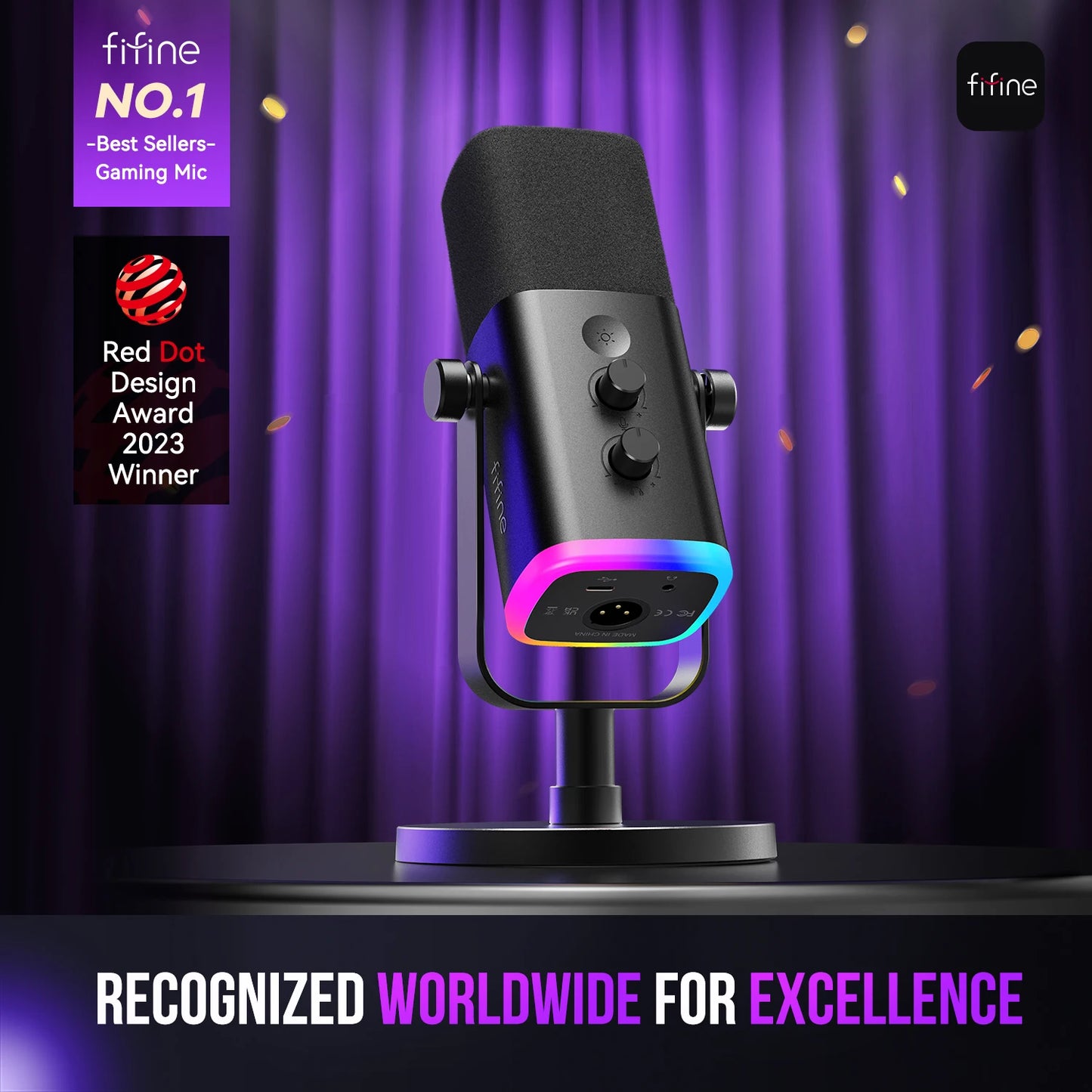 FIFINE Ampligame AM8 USB/XLR Dynamic Microphone Touch Mute Headphone Jack I/O Controls for PC PS4 PS5 Mixer