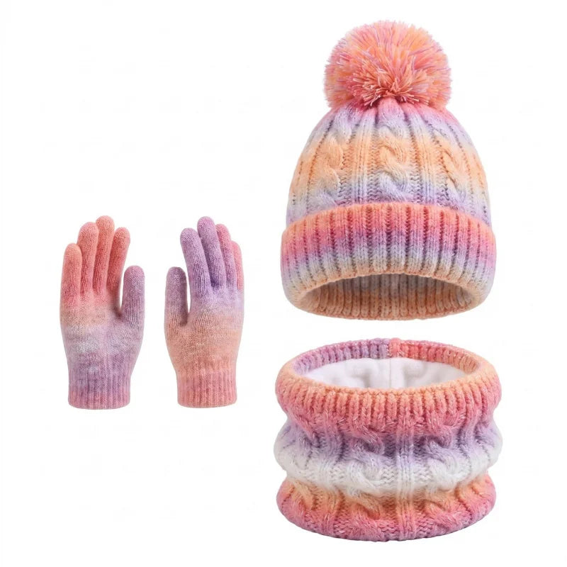 Kids Winter Hat Scarf Gloves 3Pcs Set Warm Knitted Beanie Pom