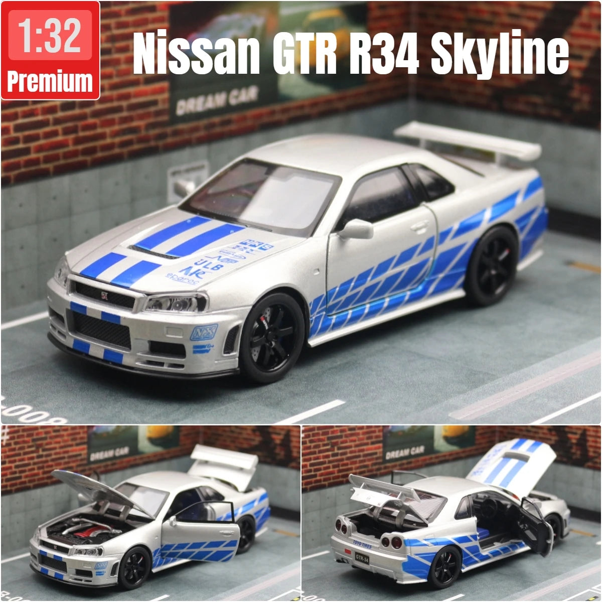 1/32 Nissan Skyline GTR R34 Diecast Model Car Sound Light JDM Toy Kids