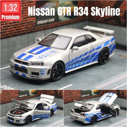 1/32 Nissan Skyline GTR R34 Diecast Model Car Sound Light JDM Toy Kids