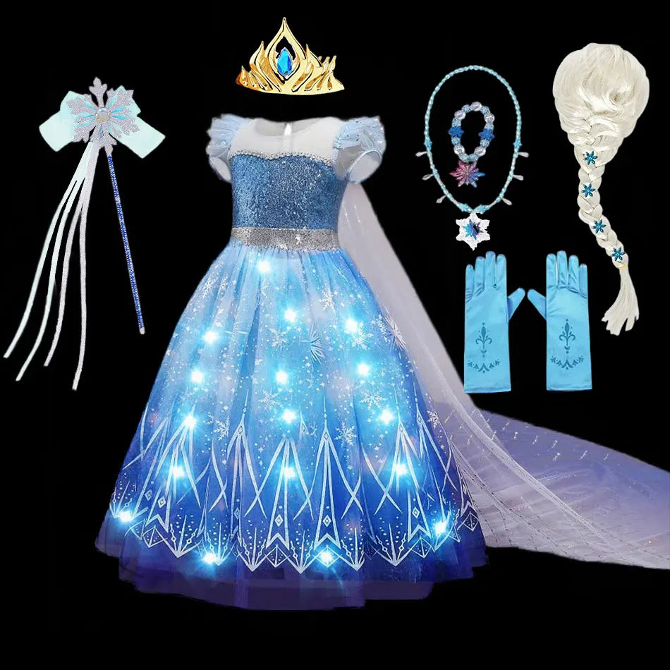 Disney Elsa Role Playing Dress Light Up Kids Halloween Frozen Carnival Apparel Girls Birthday Elsa Princess Glowing Vestidos-EXPROTAS