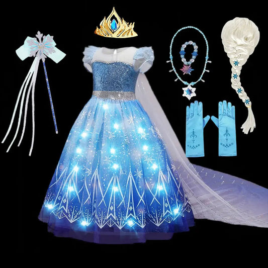 Disney Elsa Role Playing Dress Light Up Kids Halloween Frozen Carnival Apparel Girls Birthday Elsa Princess Glowing Vestidos-EXPROTAS