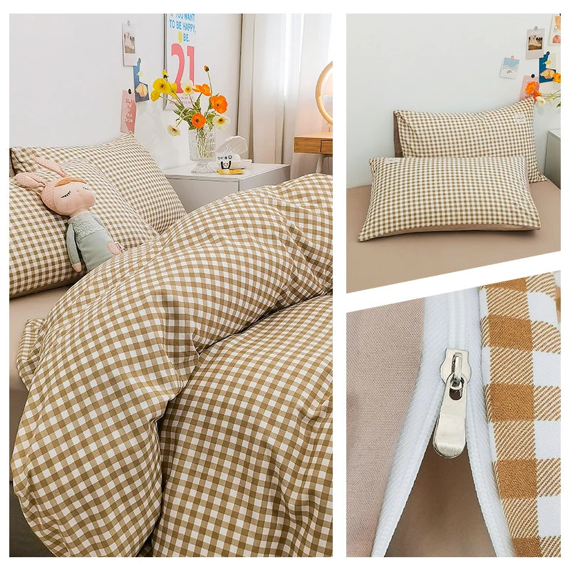 Cotton Duvet Cover 100% Cotton Bedding Set with Plaid Stripe 1 Duvet 2
