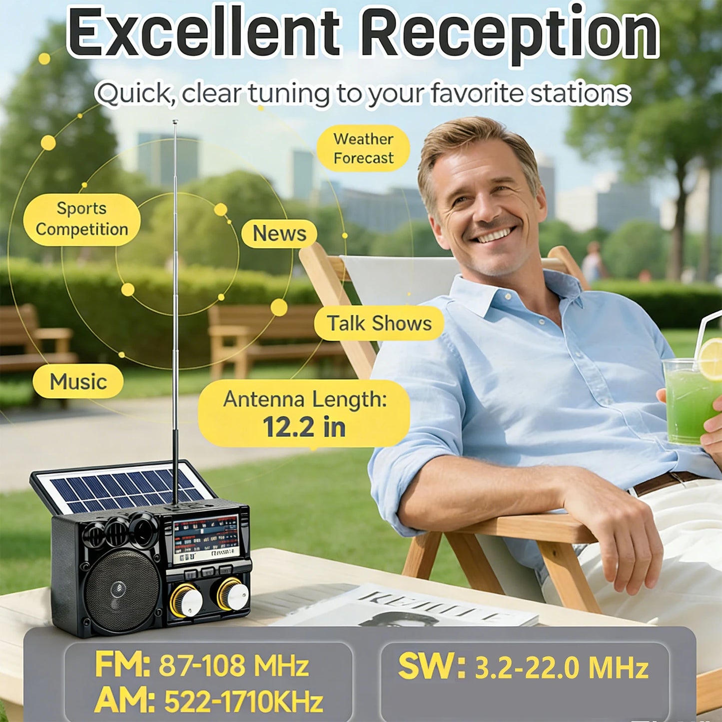 Portable Bluetooth Speaker Solar FM AM SW Radio Rechargeable Player