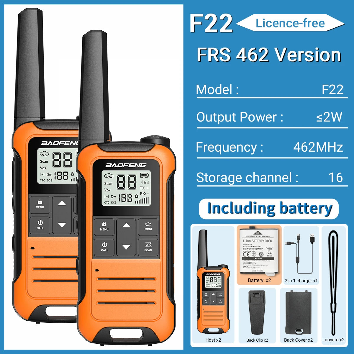 2Pcs Walkie Talkie Baofeng F22 Long Range PMR446 2-Way Radio for Camping