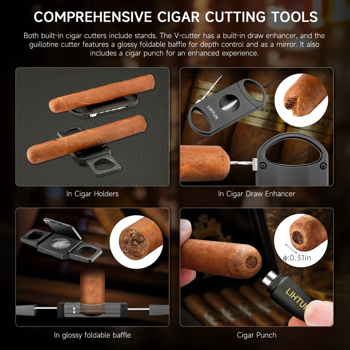 Travel Humidor Box Portable Cigar Case with Cutter and Lighter Holder
