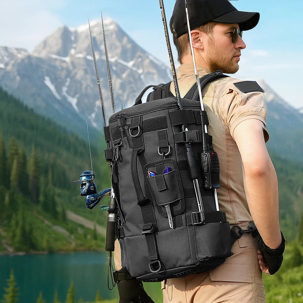 Tactical Fishing Backpack Tackle Bag with Rod Holders Large Molle Hiking