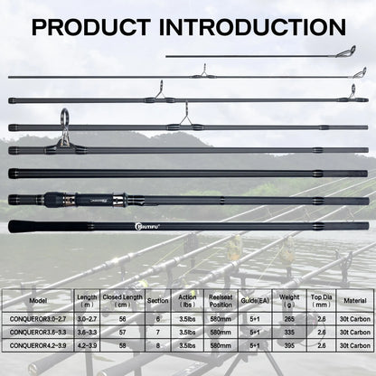 BIUTIFU Carp Fishing Rod 2 Tips 30T Carbon 3–4.2m Travel Casting Pole