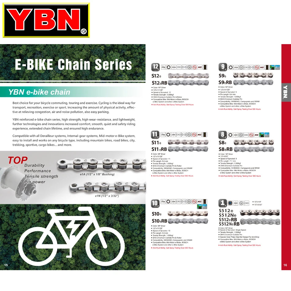 E-Bike Chain YBN 8/9/10/11/12 Speed for Bosch Shimano Mid-Motor Systems
