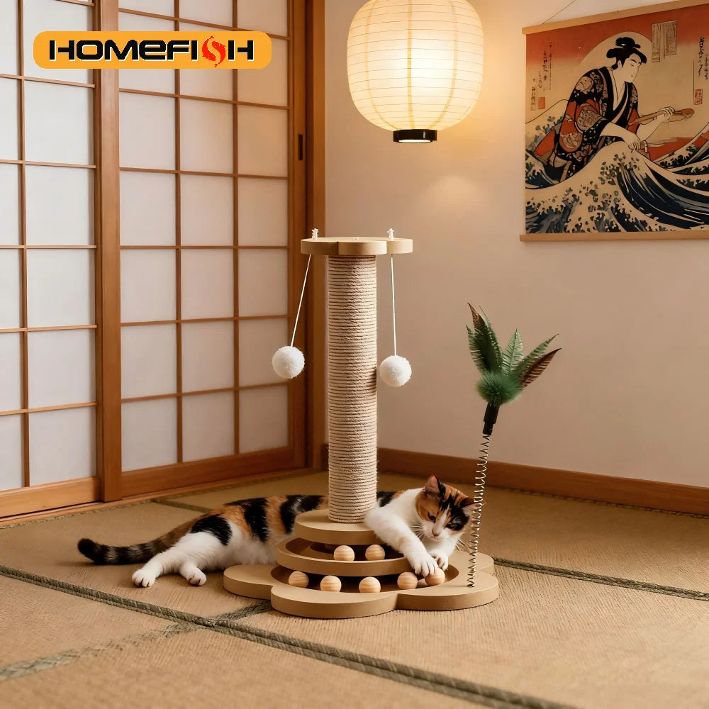 Pet Cat Toy Turntable Solid Wood Sisal Balls Funny Scratching Furniture