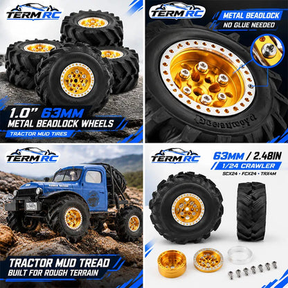 4Pcs Beadlock Wheels 1.0" Rims Mud Tyres for RC Axial SCX24 TRX4M
