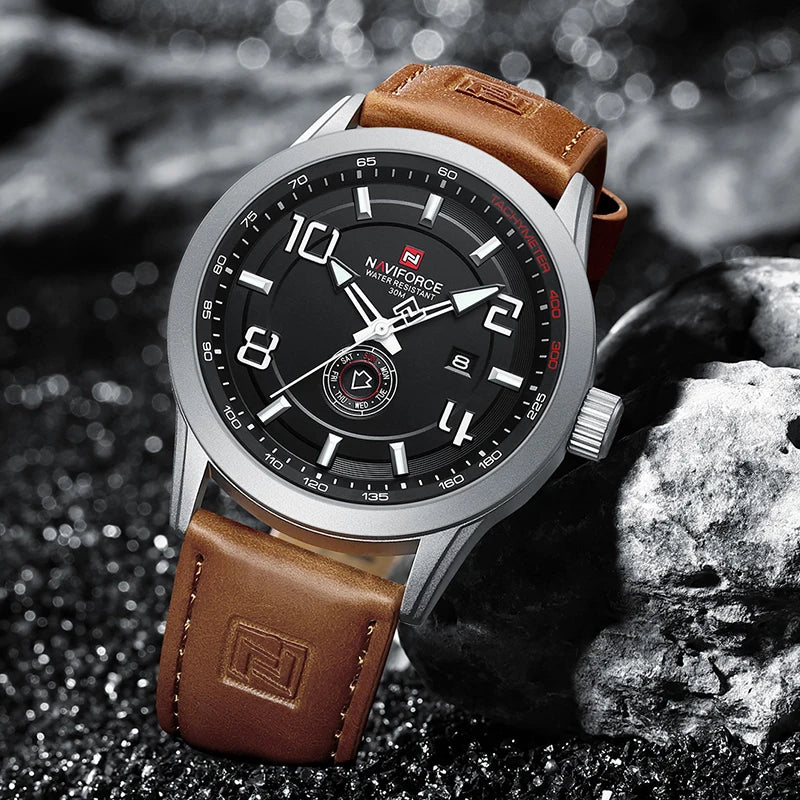 NAVIFORCE Trend Casual Wristwatch for Man Military Sports Water Resistant Leather Strap Men's Clock Quartz Calendar Male Watches-EXPROTAS