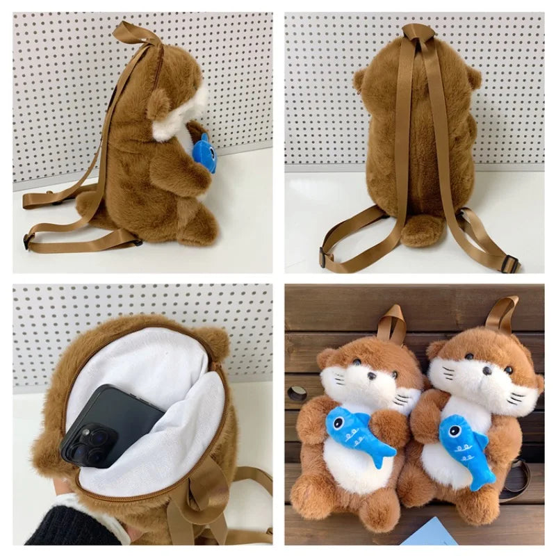 Adorable Otter Holding Fish Plush Backpack for Children Cute Gift