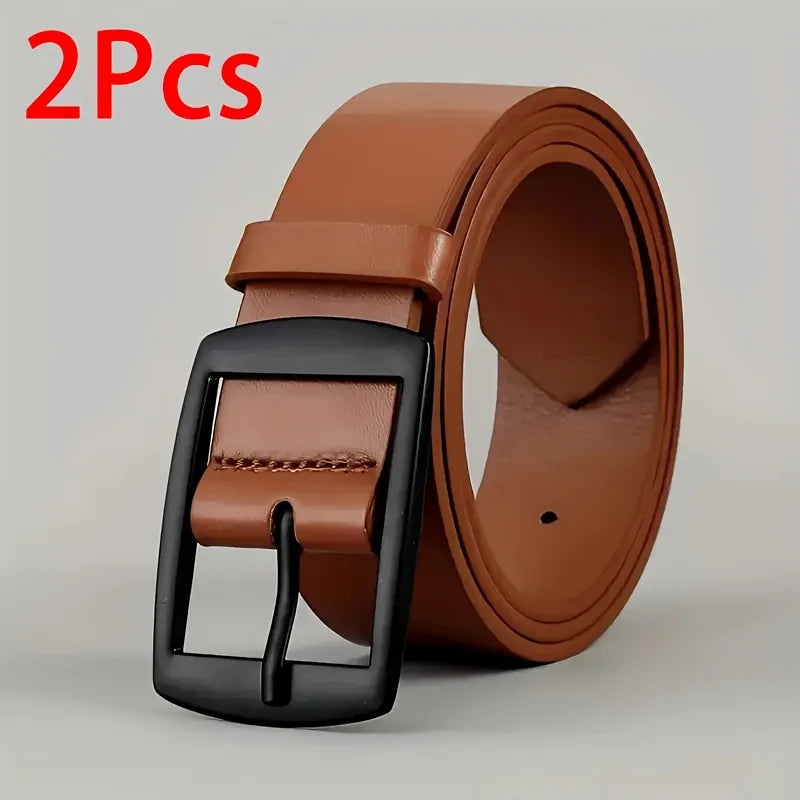 2PC PU Leather Belt for Men Luxury Metal Pin Buckle Jeans Waist Strap