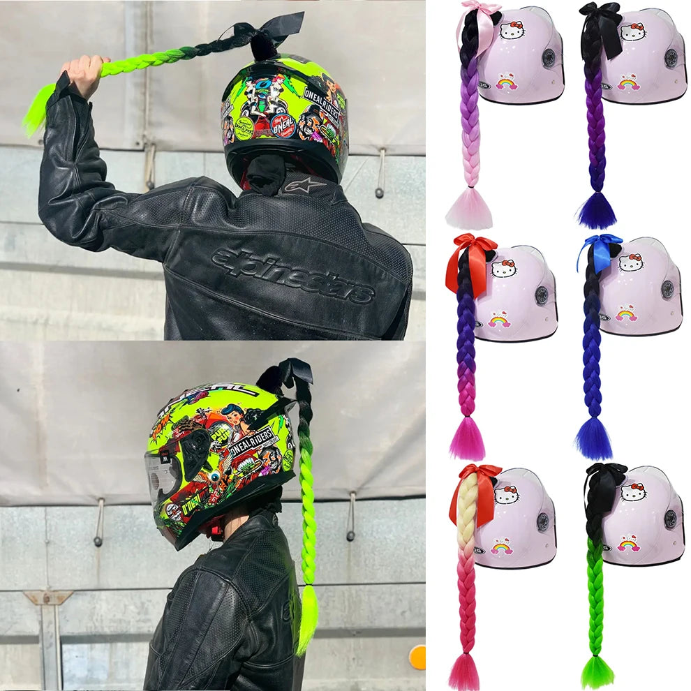 Motorcycle Helmet Braids Wig for Women Ponytail Hair Curly Pigtail Decor