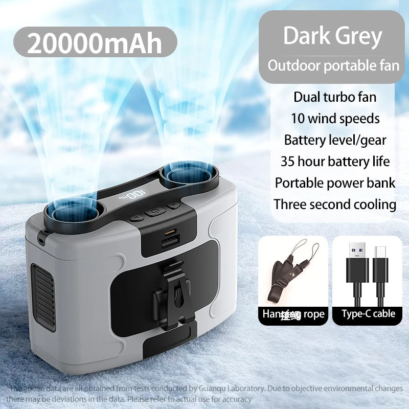 20000mAh Outdoor Portable Waist Fan Hanging Neck Fan Strong Wind with Power Bank LED Lighting for Sports Courier Outdoor Working-EXPROTAS