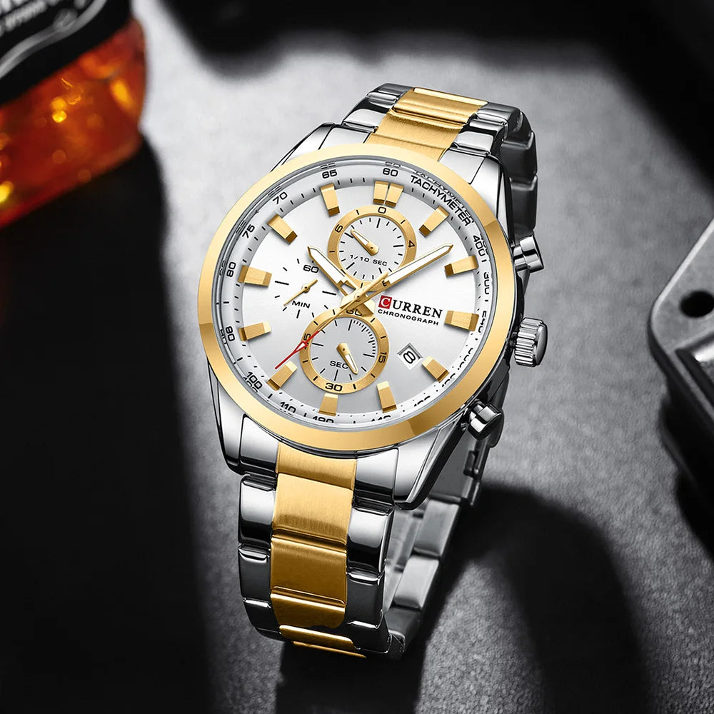 CURREN Casual Sporty Brand Stainless Steel Band Wristwatches for Men  Chronograph Quartz Watches with Date New 8445-EXPROTAS