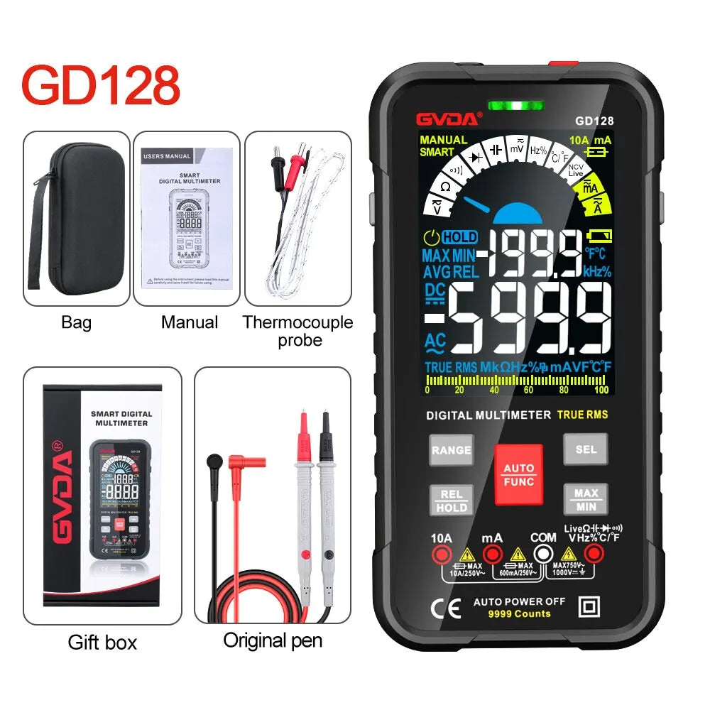 GVDA New 9999 Counts Digital Multimeter Smart Auto Range 1000V 10A Tester Meter Ohm Hz Capacitance REL True RMS AC DC DMM GD128-EXPROTAS