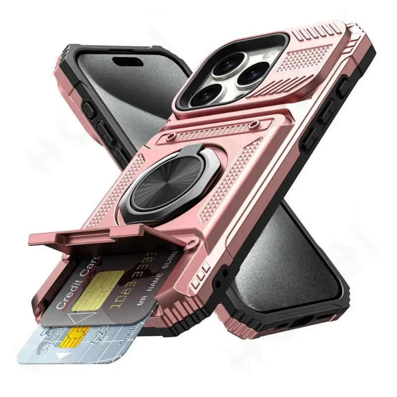 iPhone 11-16 Pro Max Ring Kickstand Wallet Case Heavy Duty Shockproof Cover