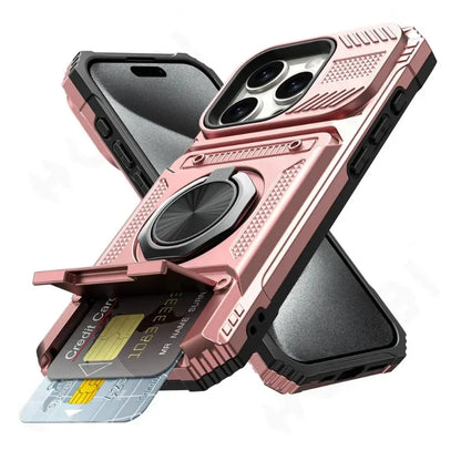 iPhone 11-16 Pro Max Ring Kickstand Wallet Case Heavy Duty Shockproof Cover