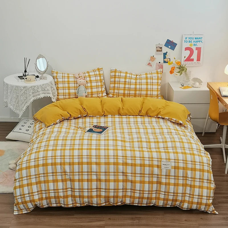 Cotton Duvet Cover 100% Cotton Bedding Set with Plaid Stripe 1 Duvet 2