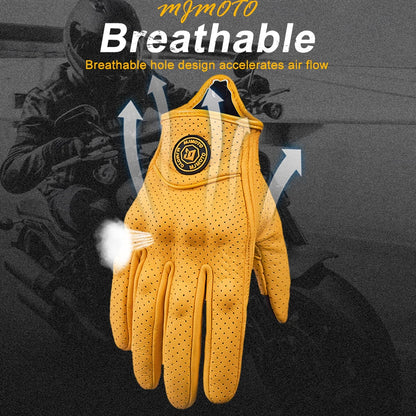 Retro Yellow Leather Motorcycle Gloves Men Women Breathable Perforated Motorbike Racing Gloves Touch Screen Motocross Moto Glove-EXPROTAS