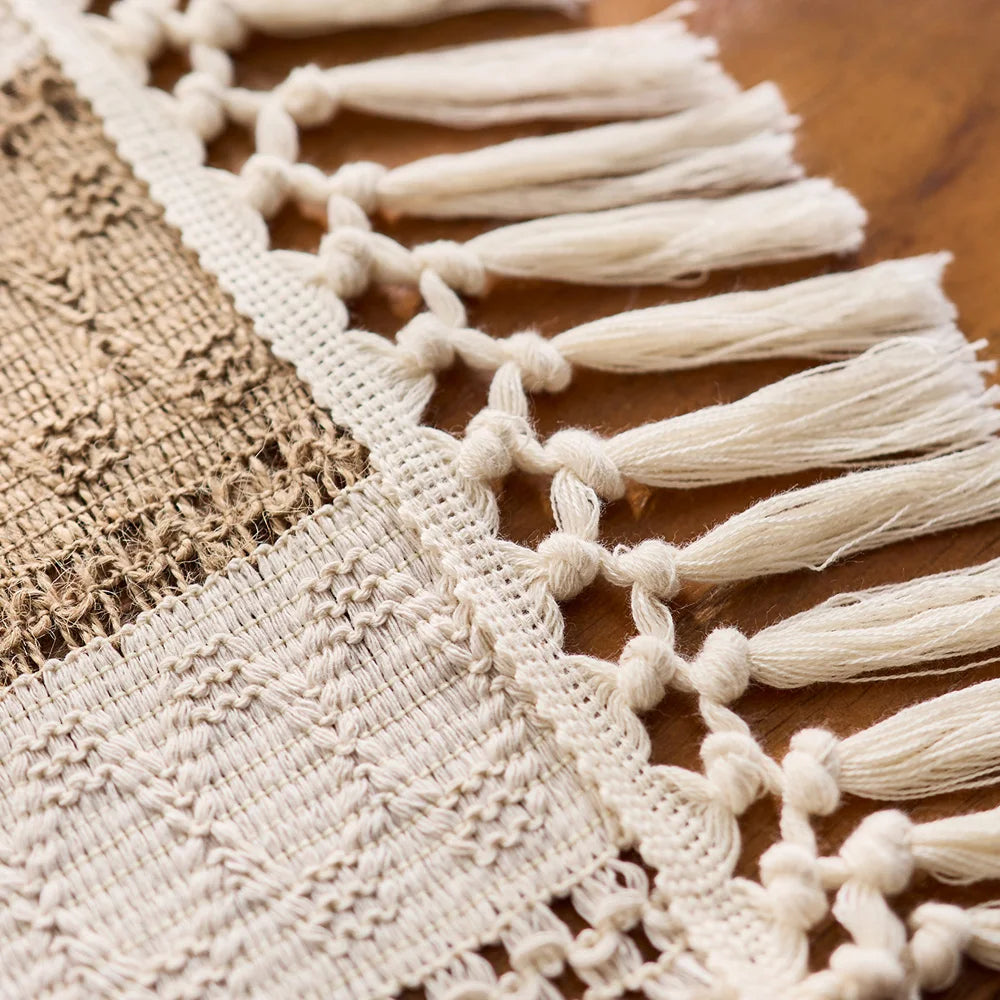 Boho Table Runner Macrame Cream Brown Tassels Farmhouse Home Decor