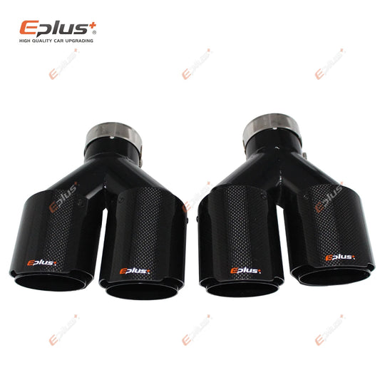 EPLUS Car Carbon Fiber Glossy Muffler Tip Y Shape Double Exit Exhaust Pipe Mufflers Nozzle Decoration Universal Stainless Black-EXPROTAS