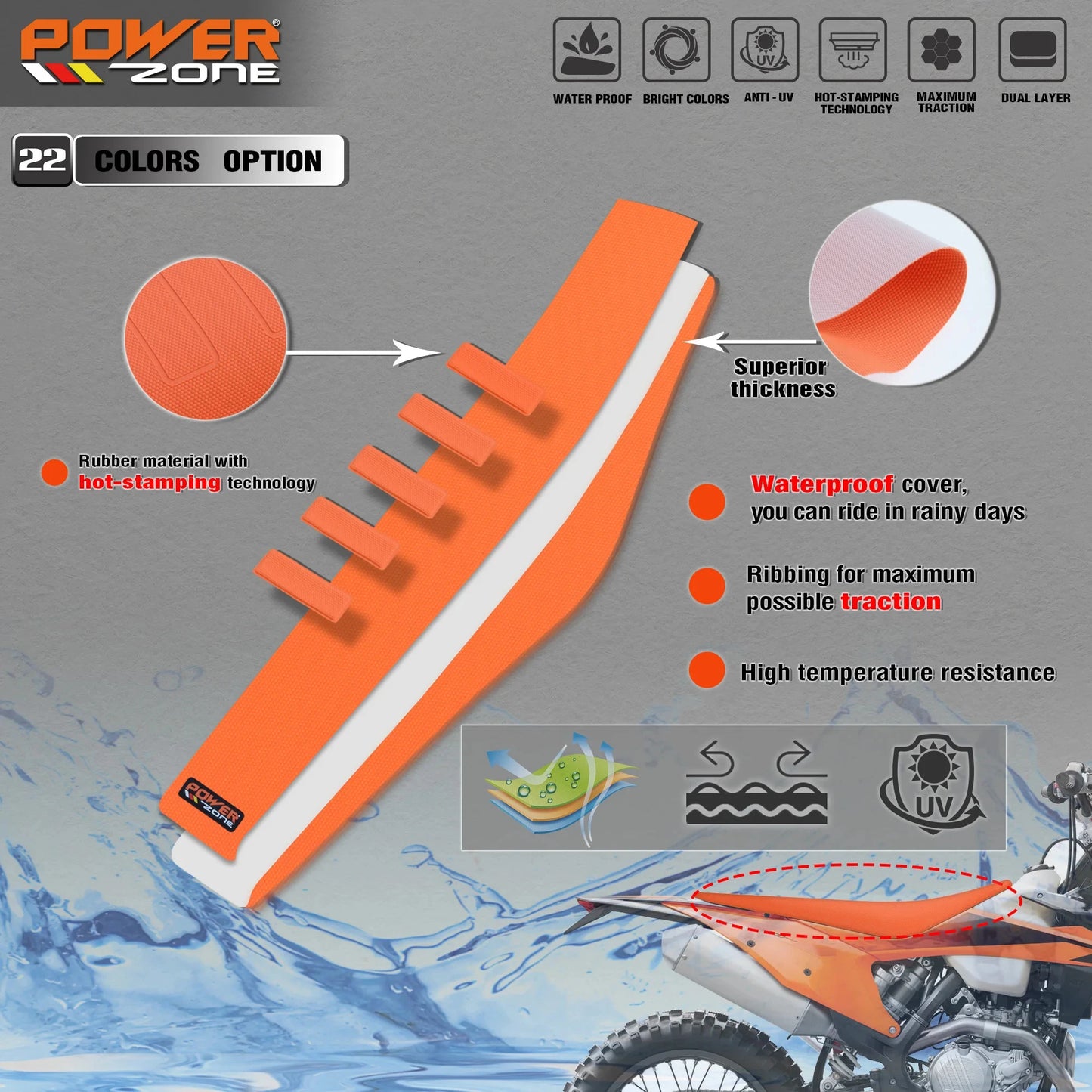 Waterproof Ribbed Gripper Seat Cover Anti-Slip for Powerzone SXF EXC KXF CRF