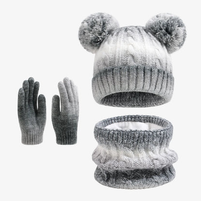 Kids Winter Hat Scarf Gloves 3Pcs Set Warm Knitted Beanie Pom