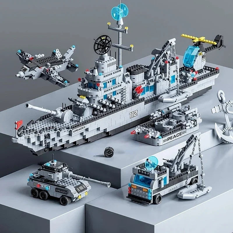 1560pcs Navy Warship Building Blocks 6-in-1 Military Ship Model Toy Set