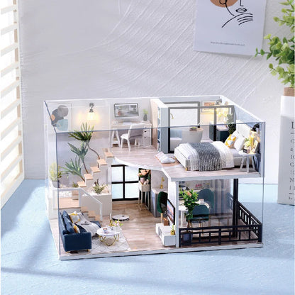 Wooden Miniature Duplex Dollhouse DIY 3D Puzzle Kit with Furniture LED Decoration Gift - EXPROTAS