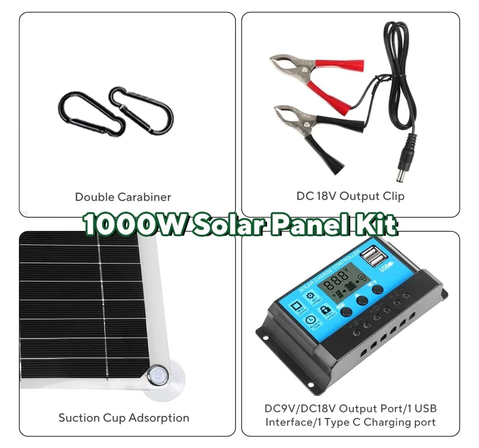 1000W 12V Solar Panel Kit with 10A-100A Controller for RV Car Caravan Battery