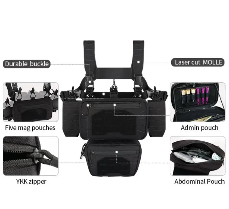 YAKEDA Tactical Chest Rig Vest Modular Molle w/ Mag Pouch Laser-Cut Adjustable