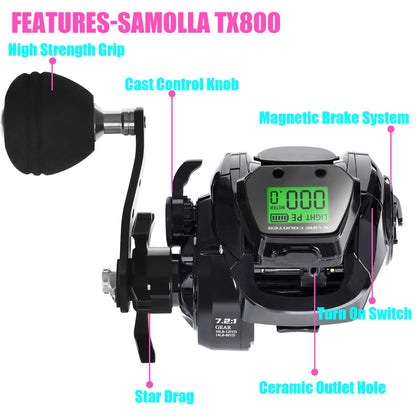 SAMOLLA Baitcasting Fishing Reel Electronic Big Led Screen High Speed 7.2:1 10kg Saltwater Waterproof Cast Drum Wheel Casting-EXPROTAS