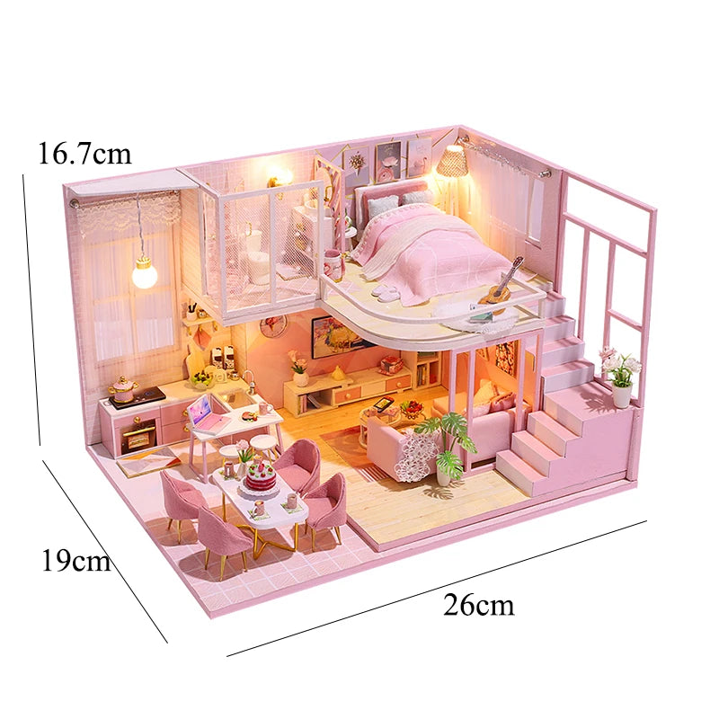 Wooden Miniature Duplex Dollhouse DIY 3D Puzzle Kit with Furniture LED Decoration Gift - EXPROTAS