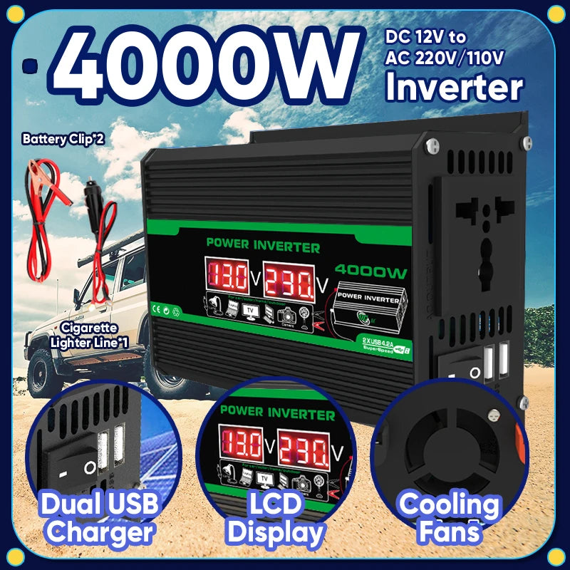 4000W 12V DC to 110/220V AC Power Inverter Dual USB LCD Camping RV