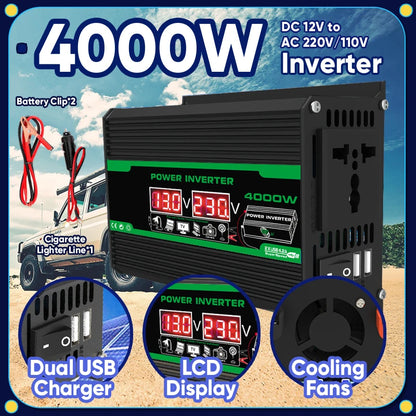 4000W 12V DC to 110/220V AC Power Inverter Dual USB LCD Camping RV