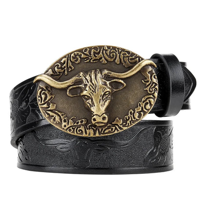 Cowboy Leather Belt Western Longhorn Bull Floral Engraved Buckle for Men