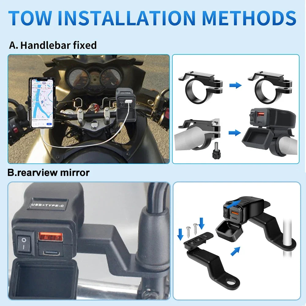Dual USB Socket Motorcycle Charger 60W Waterproof PD QC3.0 Voltmeter Handlebar